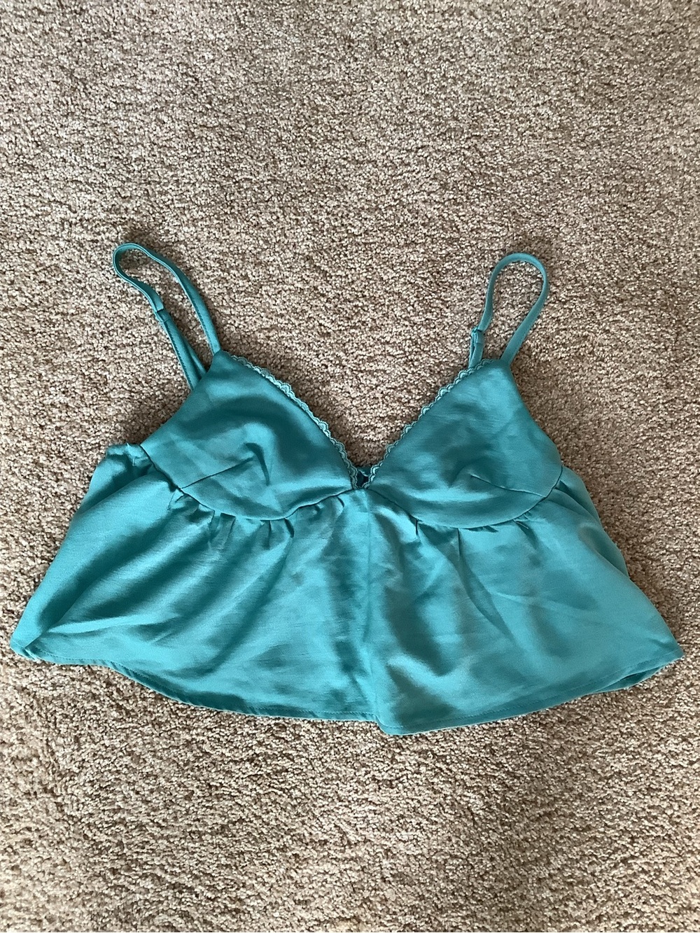 Teal Satin Cami Crop Top with Lace Trim